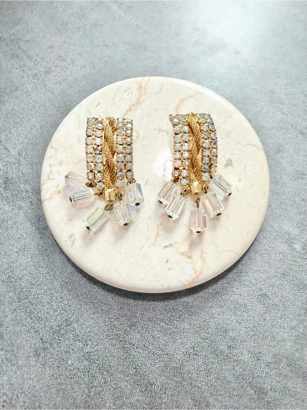 Vintage Mid-Century Aurora Borealis Rhinestone Mesh Waterfall  Clip on Earrings